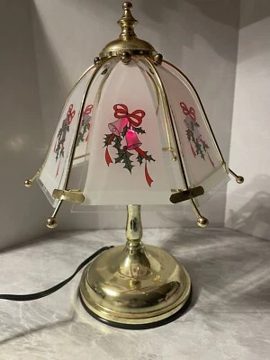 Vintage Christmas Glass Panel Touch Lamp  Shade Bells and Holly RARE Works 1993 - Image 1 of 4