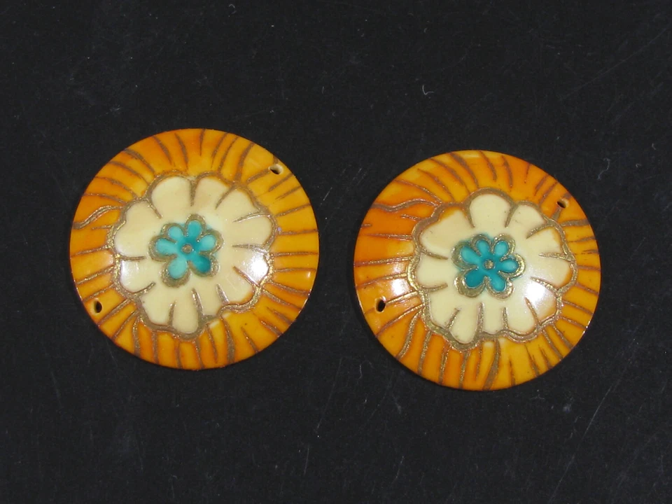 2 Antique CELLULOID DOMED BUTTONS - ORANGE, TEAL, GOLD - FLORAL - Image 1 of 4