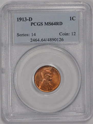 1913-D 1C Lincoln Cent - Type 1 Wheat Reverse PCGS MS64RD #3688-20 Cover