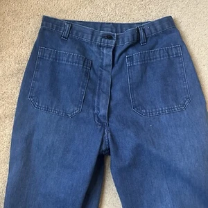 VINTAGE NAVY DUNGAREES 26x31 BLUE JEANS BELL BOTTOM DENIM 60’s HIGH RISE - Picture 1 of 7