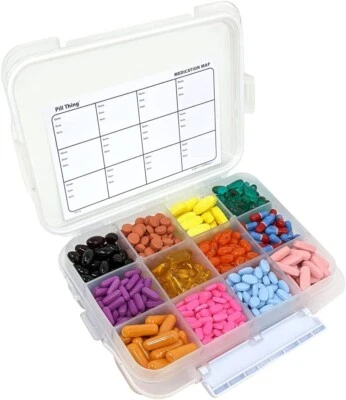PILL THING, INC 12 Compartment Large Pill Case w/ Airtight Seal Waterproof Medication Map