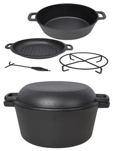5QT 3-in-1 Pre-Seasoned Cast Iron Dutch Oven Pot w/ Handle Cookware Braising Pan - Picture 1 of 11