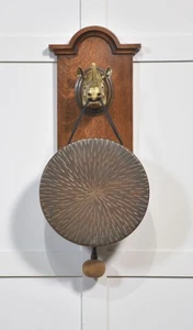 Antique Oak Wall Hanging Dinner Gong | Gilt Bronze Rhinoceros Head - Picture 1 of 5