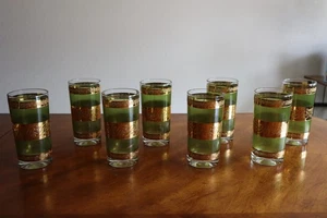 Lotto 8x Bicchieri Vintage MCM Culver Starlyte Oro 22k Strisce Verde Highball 5,5" - Foto 1 di 17