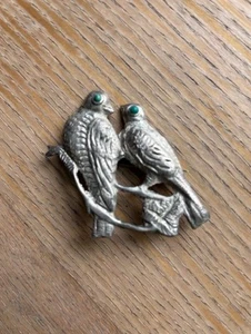 MEXICAN SILVER LOVE BIRDS WITH TURQUOISE EYES BROOCH PIN - Picture 1 of 4