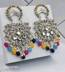 Multicolour Beads Oxidized Silver Kundan Earring Jhumka Bollywood Ethnic Wear - Picture 1 of 4