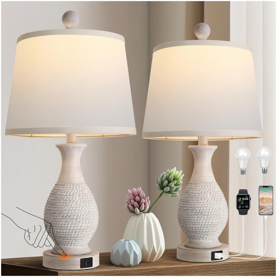 Juego de 2 Lámparas de Mesa Tradicionales, Lámpara Táctil de Cabecera con Po de Carga USB C+A... Foto 1 de 4