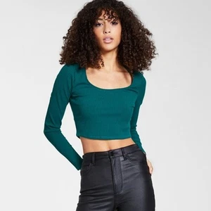 Bar III Size XL Forest Green Rib Knit Bodycon Scoop Neck Long Sleeve Shirt NWT - Picture 1 of 9