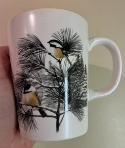 The Cornell Lab Black-Capped Chickadee Coffee Mug, White, Yellow, Trees - Picture 1 of 6