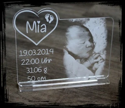 COLLAGEN MIT HERZ 1 Aufsteller Acrylglas inkl. Gravur (Foto + Text) - Taufe / Geburt / Erinnerung