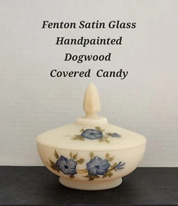 Fenton Cameo Satin Glass Covered Candy Dish Handpainted Blue Dogwood - Picture 1 of 8