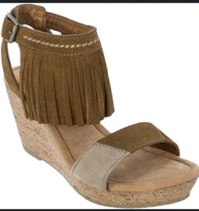 Minnetonka 'Poppy' Fringe Cork Wedge Platform Sandal - Brown Size 9 BOHO - Picture 1 of 19