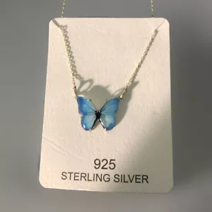Necklace 925 Silver Blue Butterfly - Picture 1 of 7