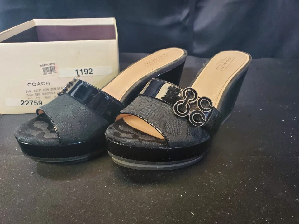 Coach Women's Geri Wedge Slide Sandals Heels Sz 7.5M Black Patent Leather Canvas - Image 1 of 4