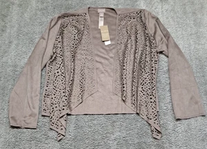 New Chico’s Cardigan Womens 2 Jacket Suede Draped Open Front Cutwork Perforated - Picture 1 of 10