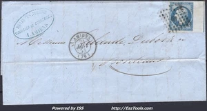 FRANCE N°14Ai FILET D'ENCADREMENT SUR LETTRE PC 65 AMIENS + CAD DU 21/01/1855 - Picture 1 of 2