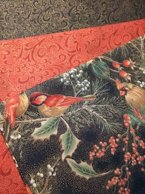 3 Yds Quilt Fabric - Winter Magic Cardinals,  Gold Metallic Swirls on Red &Black - Image 1 of 4