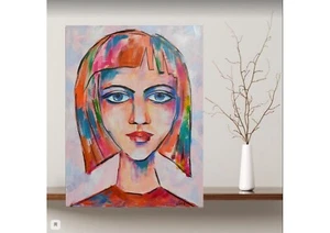 Original Art Whimsical Woman Portrait Interior Painting Unique Artwork Canvas - Picture 1 of 12