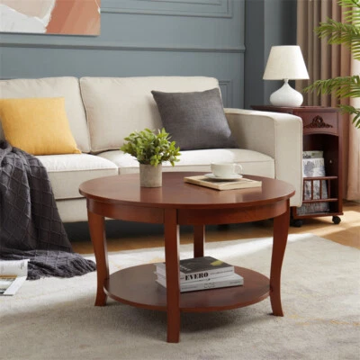 Traditional Coffee Table w/Storage 2 Tier Wood Circle Accent Table Living Room - Image 1 of 4