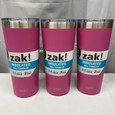 Zak! Designs 20oz Vaso Doble Pared Acero Inoxidable ROSA 3 Paquete Tapa Deslizante NUEVO Foto 1 de 4