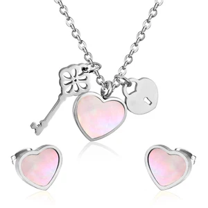 Silver Stainless Steel Pink Heart Lock and Key Pendant Set with Heart Earrings 3 - Picture 1 of 5