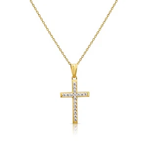 14K Real Solid Yellow Gold Dainty Cross Christian CZ Pendant Charm Necklace 18in - Picture 1 of 15