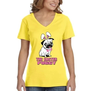 Para mujeres Pug Perro Orejas Conejo de Pascua Fiestas Conejo Primavera Regalo Cuello en V Camiseta - Imagen 1 de 9