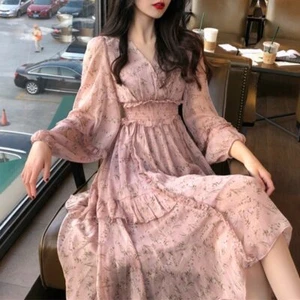 Clothing Dress Print Korean Style Fashion New Long Sleeve Autumn Chiffon Pink - Picture 1 of 14