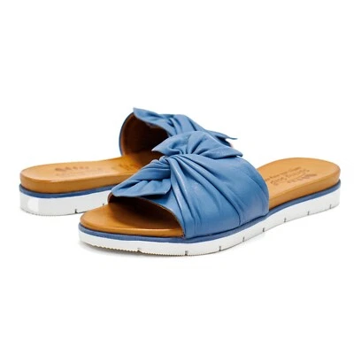Women Spring Step Lavona Blue Leather Slide Sandal with Bow - Image 1 of 4