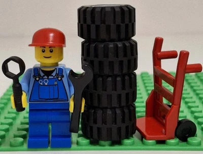 Lego Tire Changing Mechanic Minifigure Red Hat Wrenches Hand Truck & 4 Tires - Image 1 of 2