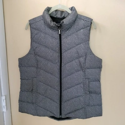 Lands End Down Black White Herringbone Puffer Vest M 10-12 Outdoors Warm Weekend - Image 1 of 4