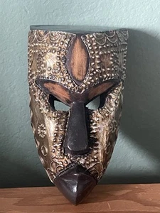 GHANA African HAND CARVED Wood and Metal MASK Wall Decor 7” Novica Collection - Picture 1 of 7