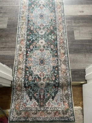 Alfombra de corredor Per'sian Medallion 2,5 X 14,5 floral verde pasillo vintage Foto 1 de 4