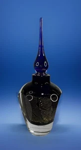 Art Glass Perfume Bottle Cobalt Blue Gold Speckle Accents 6 3/4" Tall - Picture 1 of 9