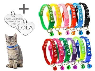 Cat Collar With Engraved Heart Tag Love Shaped Personalised Kitten Name Pet ID