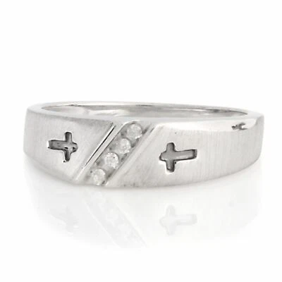 Anillo de boda con cruz lateral redondo diamante natural plata de ley 925 para hombre Foto 1 de 4