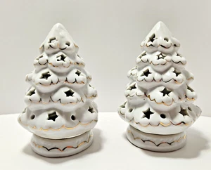 Set of White Porcelain Christmas Tree Tea Light Holder with Gold Accents 4.5 in - Picture 1 of 7