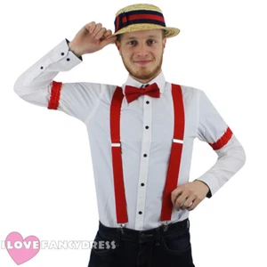 RED 1920'S BARBER SHOP SET STRAW BOATER HAT BOW TIE BRACES ARMBANDS OLD ENGLAND - Picture 1 of 1
