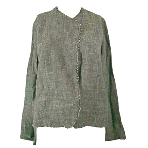 Eileen Fisher Jacket Blazer Womens Sz PP Petite Gray Linen Fringe Trim Open - Picture 1 of 12
