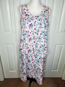 Vtg Nightgown Lg Purple Floral Sleeveless Duster House Lounge Dress Pearl Snaps - Picture 1 of 16