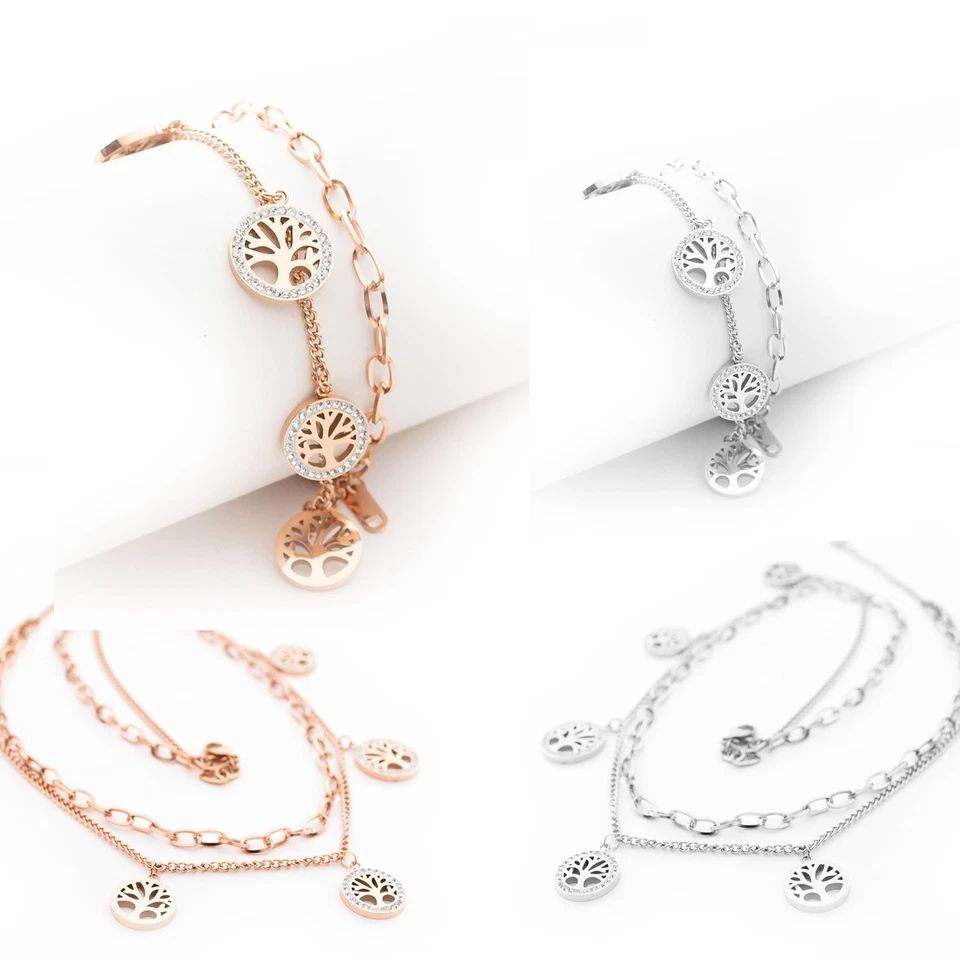 Damen Edelstahl Armkette 5 Lebensbaum Anhängern Strass Doppelketten Armband - Bild 1 von 1