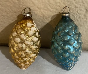 2 Vintage Blue  gold Mercury Glass Pinecone Ornaments Japan MCM (tote www) - Picture 1 of 19