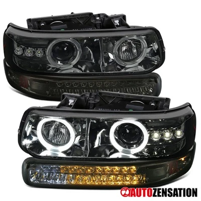 Fit 99-02 Silverado 00-06 Tahoe Smoke Halo Projector Headlights+LED Bumper Lamps Foto 1 de 4
