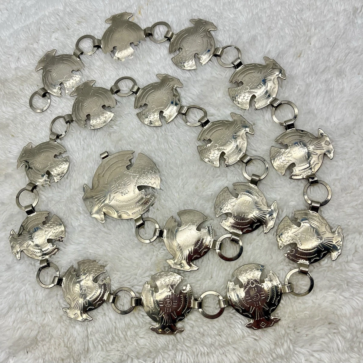 Vintage large concho chain belt hammered metal details antique silver tone Handcrafted Vintage Sterling Silver Concho Belt 37-40 main image 2