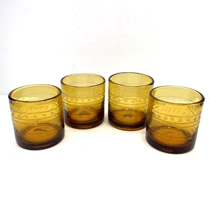 4 Bobby Flay Amber Etch Double Old Fashioned Lowball Rocks Glass Hand Blown HTF - Picture 1 of 6