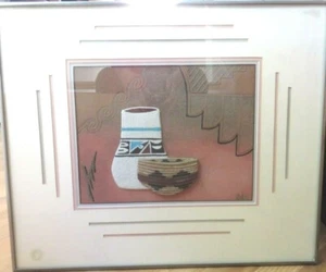Framed Sand Painting by Riley - Hopi Pottery & Basket Original Signed - Picture 1 of 12