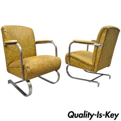 Pair of Lloyd Tubular Chrome Steel KEM Weber Style Art Deco Springer Arm Chairs Cover