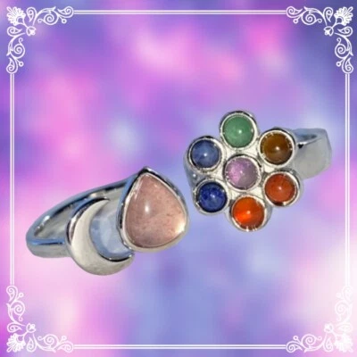 2 anillos de piedras preciosas genuinas | Luna creciente de cuarzo fresa + chakra de 7 piedras | Sistema operativo Foto 1 de 4