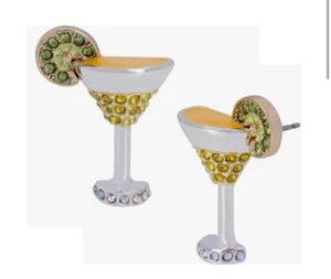 NEW Betsey Johnson Gold Tone Martini Glass With Lime Crystal Stud Earrings NIB - Picture 1 of 9
