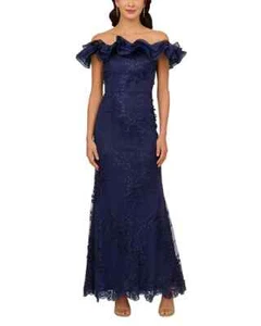Adrianna Papell Ruffled Embroidered Mermaid Gown Women's 14 Navy 3D Floral Zip - Picture 1 of 17